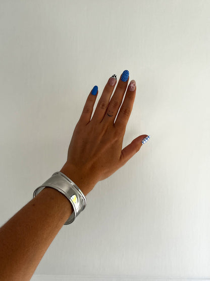 THE ABBIE BANGLE, sleek polished stainless steel sculptural bracelet, unisex statement jewelry