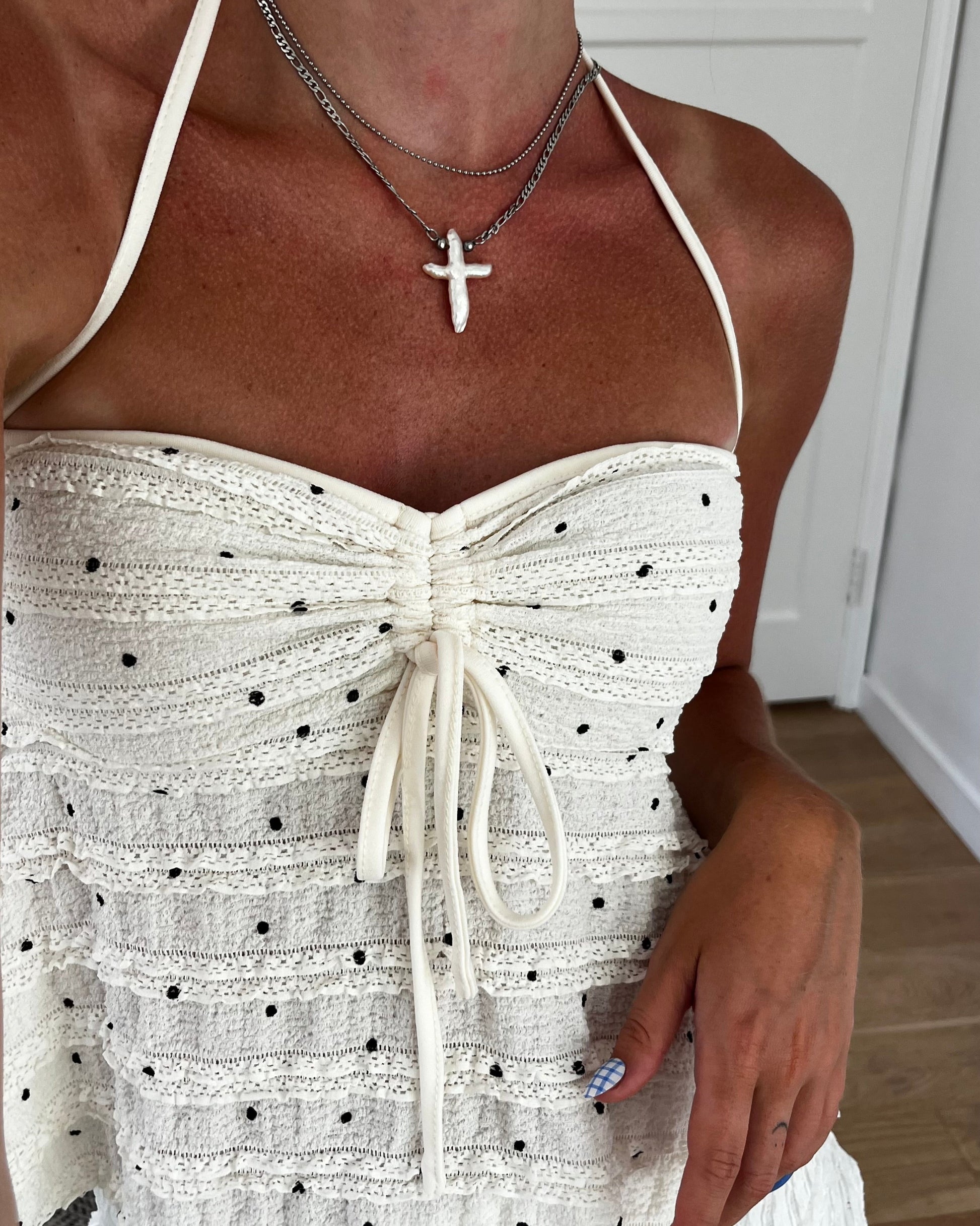 THE PEARL CROSS NECKLACE, hand-carved freshwater pearl cross pendant on high-polish stainless steel chain, unisex statement jewelry